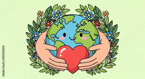 Hands cradling smiling earth globe with heart surrounded by green leaves and colorful flowers on light green background symbolizing love and care for the planet