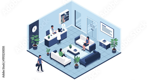 Modern medical clinic or doctor office interior shown in isometric perspective with reception desk and comfortable waiting area.