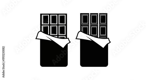 Two black and white illustrations of partially unwrapped chocolate bars
