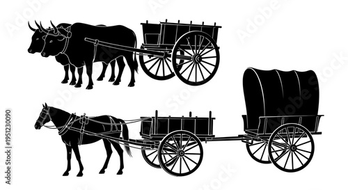 Vintage black silhouette illustration of oxen horse and covered wagons