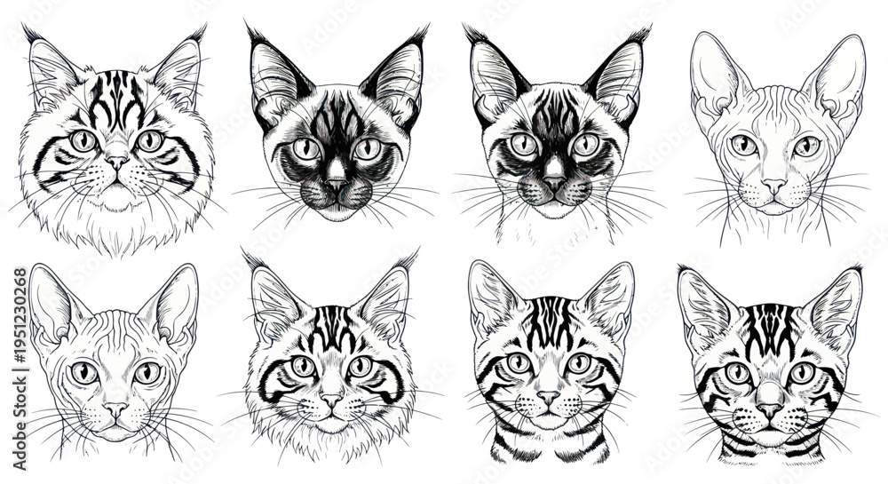 Fototapeta premium Set of Cat Portraits, Diverse Breeds, Hand Drawn Sketch Style