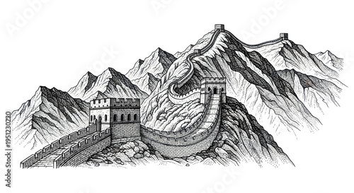 Great Wall of China illustration - ancient fortress on mountain ridge, ink drawing