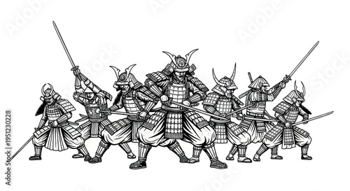 Group of Samurai Warriors in Traditional Armor with Swords, Black and White Line Art