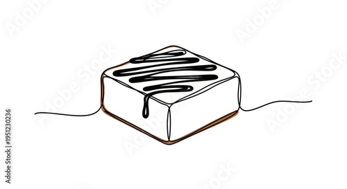 Minimalist One Line Drawing of Chocolate Drizzled Cake Slice on White Background
