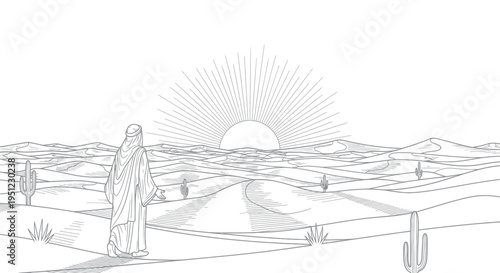 Jesus in the desert, facing the sunrise, illustration