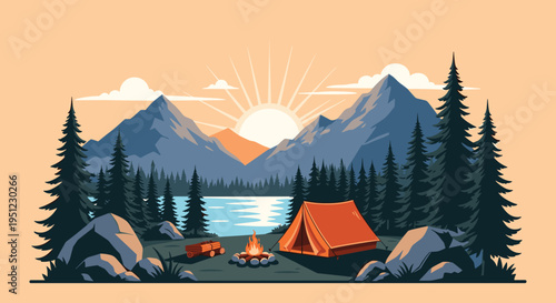 Scenic mountain landscape featuring a cozy campsite with an orange tent and warm campfire at sunset by a tranquil lake.
