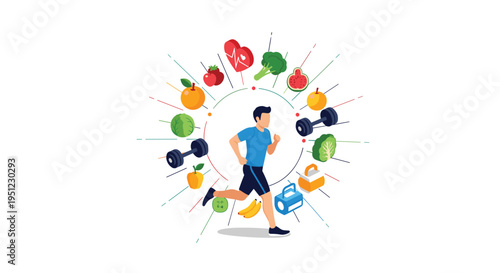 Healthy lifestyle concept featuring a man running surrounded by icons of nutritious food, heart health, and exercise equipment.