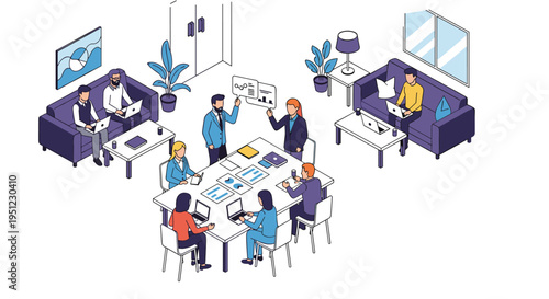 Creative team working in a modern, casual office environment featuring comfortable sofas, laptops, and presentation data.