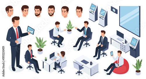 Large collection of diverse business people characters and modern office equipment including desks and digital terminals.