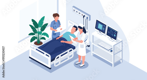 Medical team reviewing patient charts and documents at the bedside in a high-tech hospital room with advanced monitoring equipment.