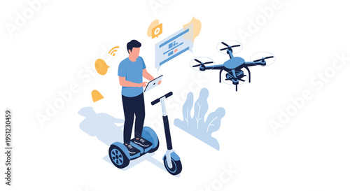 Tech-savvy man riding a hoverboard while remotely controlling a professional drone using a tablet interface for aerial photography.