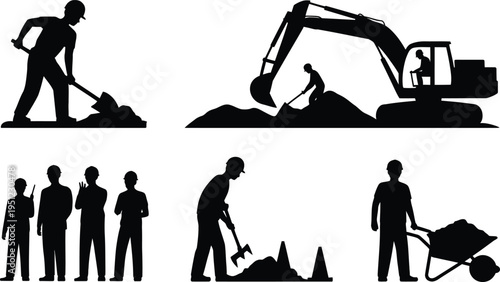 Black silhouette construction workers with excavator and tools