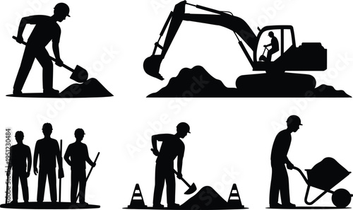 Black silhouette of construction workers with excavator on colored background