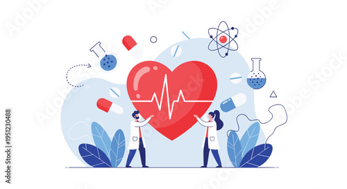 Healthcare concept showing doctors holding a giant heart symbol representing cardiology and medical care with medicine icons.