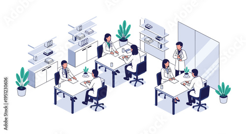 Group of medical professionals in white coats having a discussion around tables in a clean, modern clinical office or hospital room.