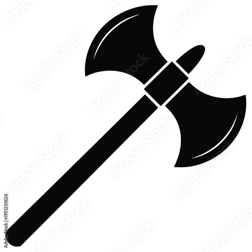 A classic black and white illustration of a medieval battle axe with a long handle. isolated on white background, Vector, illustration