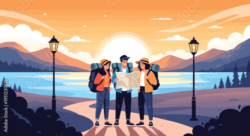 Group of three hikers with backpacks standing on a scenic mountain trail at sunset while consulting a paper map for navigation.