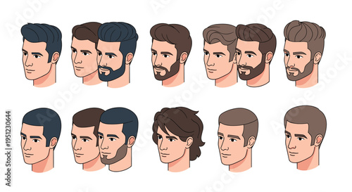 Set of male character head illustrations showing various hairstyles and facial hair combinations for profile customization and design.