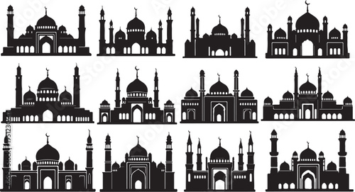 Collection of mosque silhouettes in black and white vector