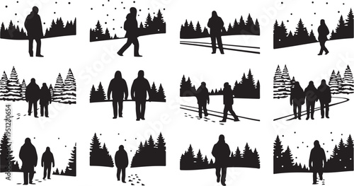 Silhouettes of people in winter landscape with trees and snow