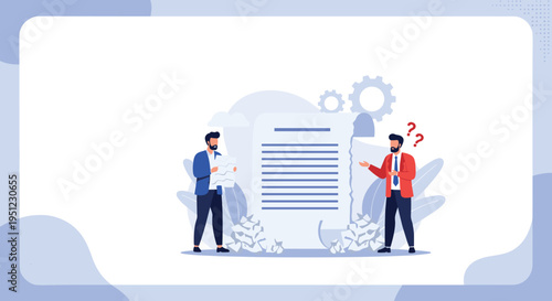 Distressed business partners standing next to a giant torn contract with piles of crumpled paper indicating failed negotiations.