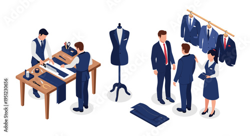 Tailors working in a professional fashion studio measuring fabrics and fitting bespoke suits for clients in a clothing workshop.
