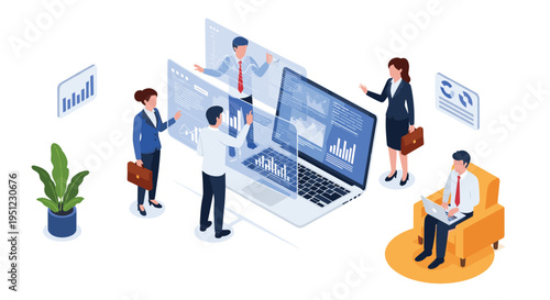 Business team analyzing complex financial data through futuristic holographic displays and interactive charts on a laptop computer.