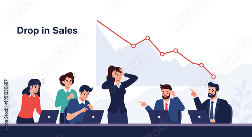 Professional team experiencing stress and anxiety due to a significant drop in sales shown on a large downward trending line graph.