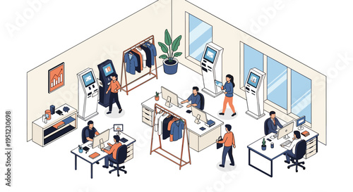 Modern retail office and apparel store environment featuring self-service kiosks and staff managing clothing inventory and sales.