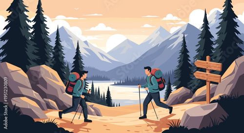 Two hikers with backpacks walking along a mountain trail through a dense pine forest with a scenic lake and mountains in view.