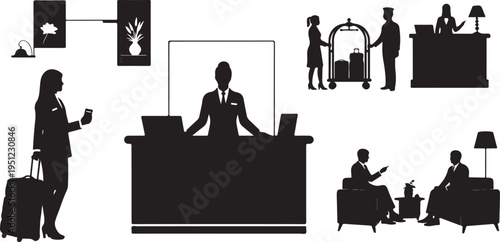 Silhouettes of people in a hotel lobby setting scene