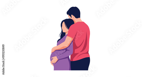 Minimalist illustration of a loving couple where a man is gently hugging his pregnant partner from behind with care and affection.