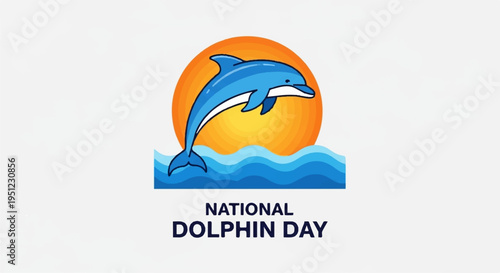 Dolphin jumping out of water with orange sun on national dolphin day celebrating marine life and conservation