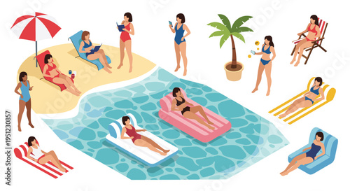 Isometric scene of women in swimsuits enjoying various summer activities like sunbathing and swimming at a beach resort with palms.