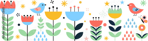 Colorful whimsical floral and bird illustration with cheerful weather elements