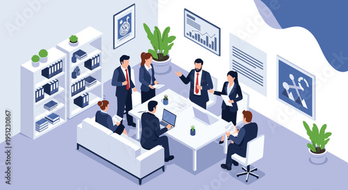 Corporate team members having a productive meeting around a white table in a modern office with documents and digital equipment.