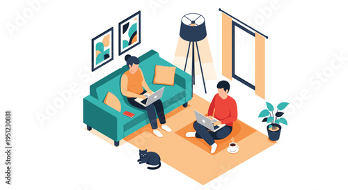 Young man and woman working remotely from their cozy living room on laptops while their cat relaxes on the floor in the foreground.