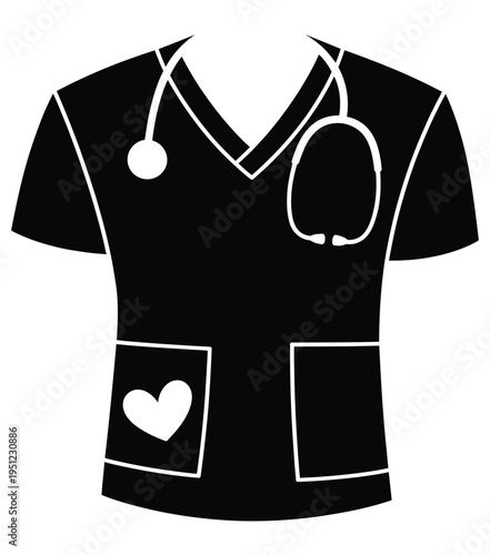 Black medical scrubs with heart and stethoscope design on front pockets isolated on white background, Vector, illustration