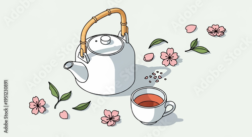 Tea time with a silver teapot and cup surrounded by pink flowers on a light green background