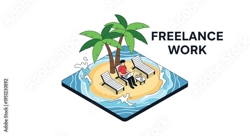 Freelance worker enjoying a remote lifestyle while working on a laptop on a beautiful tropical island beach with palm trees and ocean.