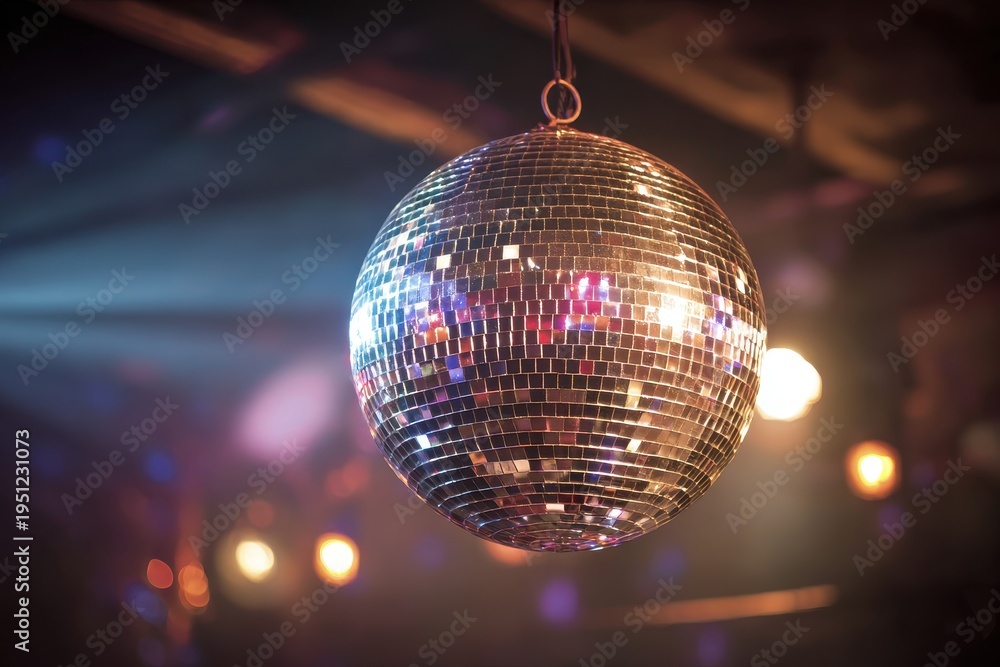 Fototapeta premium Hanging mirror ball with mirrored facets reflecting vibrant lighting