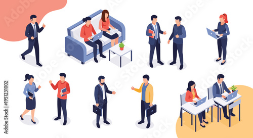 Large set of diverse business people in various professional poses and office interactions including meetings and computer work.