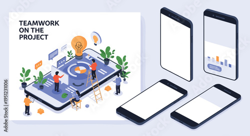 Collaborative teamwork concept showing people interacting on the surface of a giant smartphone to manage a project and develop ideas.
