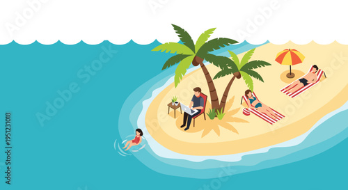 People relaxing and working on a tropical island beach with one person using a laptop while others sunbathe and swim in the ocean.