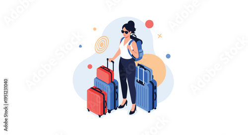 Young woman traveler standing with multiple suitcases and a backpack ready for an exciting journey or international vacation trip.