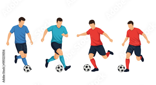 Professional male football players in various uniforms performing different actions like kicking and dribbling on white background.