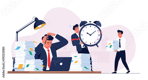 Stressed office employees overwhelmed with massive stacks of paperwork and tight deadlines represented by a giant clock.