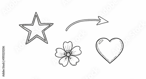 Star flower and heart symbols with arrow pointing to heart on white background representing love transition and affection in a simple line drawing style