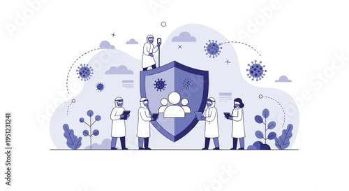 Team of medical professionals standing behind a protective shield to defend people against virus and bacteria attacks.