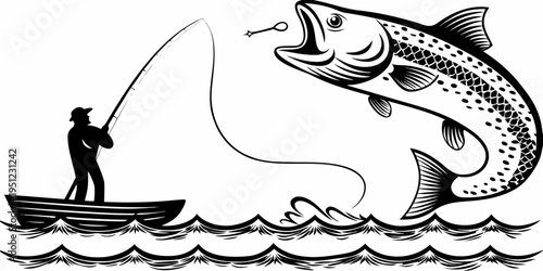 Fisherman in a boat attempts to reel in a large surprised trout